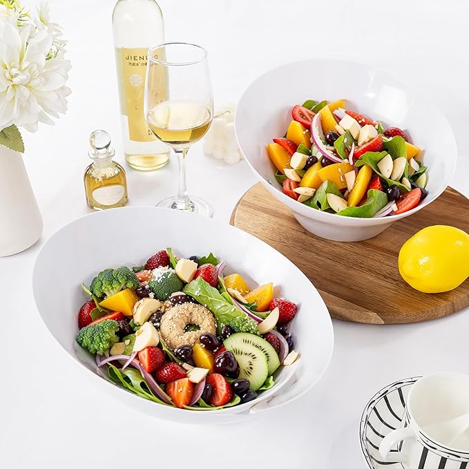 bUCLA 12 Pack White Plastic Serving Bowls - 54 OZ Angled Table Salad and Fruit Bowls Disposable for Chip&Candy - Ideal for Party & Wedding