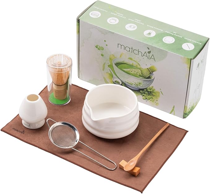 Matcha Whisk Set - Ceramic Bowl, Bamboo Whisk with Holder, Sifter, Schima Spoon, Spoon Rest and Tea Towel - 7 Pcs Complete Kit for Traditional Matcha and Modern Lattes (White)
