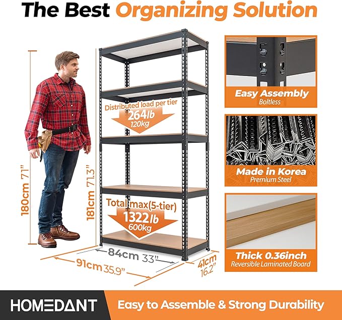 HOMEDANT 5 Tier Storage Shelves Adjustable Laminated Boltless Garage Metal Shelving Unit Heavy Duty Utility Rack Shelf Warehouse Pantry Closet Kitchen 35.9" W x 16.2" D x 71.3" H 1Pack