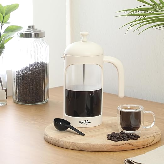 Mr. Coffee Retro Brew French Press Coffee Maker, 31-Ounce Glass Carafe with High Heat Resistant Durable Borasilicate Glass & Cream Frame and Plunger, Includes Coffee Scoop