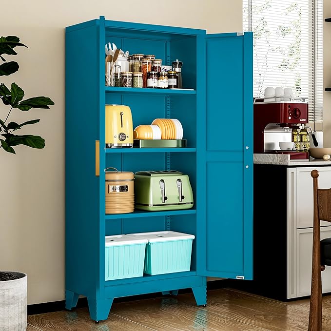61" Tall Metal Storage Cabinet with 2 Doors and 3 Adjustable Shelves, 4-Tier Kitchen Pantry Storage Cabinet for Kitchen, Living Room, Dining Room and Office, Blue