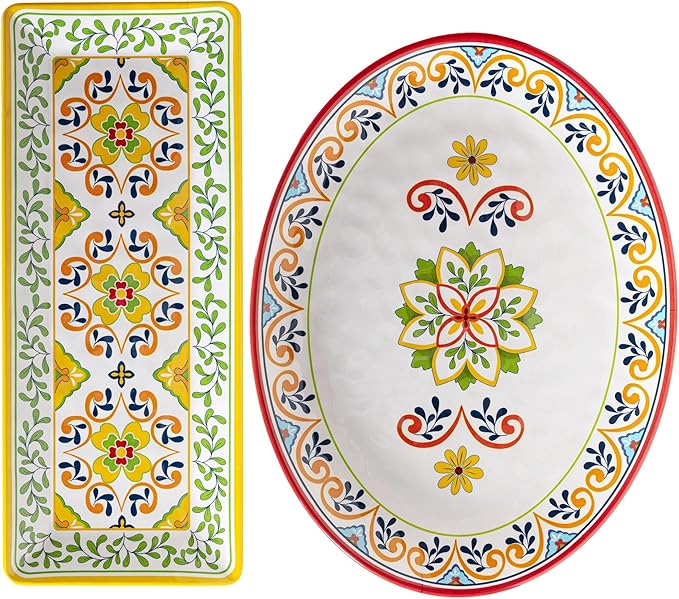 Melamine Serving Platter, Set of 2,Talavera Melamine Large Serving Tray,19''x8'' Rectangular and 18''x14'' Oval Platter Set. Multi-Color