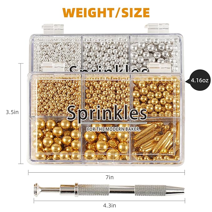Kasvan Gold and Silver Sugar Sprinkles - Edible Candy Pearls with 4-Claw Sprinkle Pen,8.32Oz, Gift Box Pack, Baking Cake Decorations, Ice Cream Toppings and Cookie Decorating, Wedding Party Chirstmas Supplies