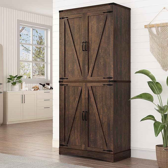 71in Farmhouse Kitchen Pantry Cabinet,Tall Storage Cabinet with 4 Doors and Adjustable shelves,with Load-Bearing Steel Pipe,Wood Storage Cabinets for Kitchen,Dining Room,Bathroom(Brown)