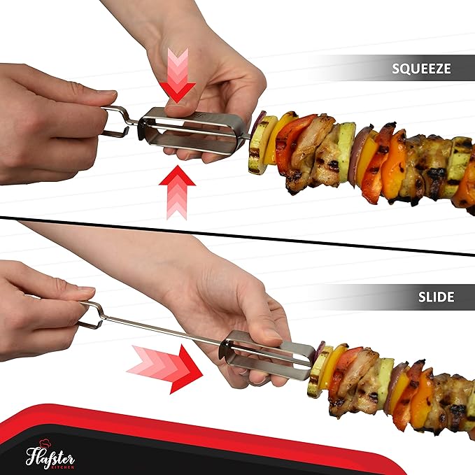 "FLAFSTER KITCHEN BBQ Skewers for Grilling - 16" Stainless Steel Flat Kebab Sticks with Push Bar, Reusable Metal Shish Kabob Skewers, Set of 6"