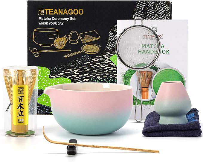 TEANAGOO Matcha Whisk Set Pink,Ceremony Matcha Set Kit Grident Pink,Matcha Tea Set for Making Breakfast/Latte,7 Pcs Matcha Whisk Set and Bowl with All Accessories,Gift for Family/Friend