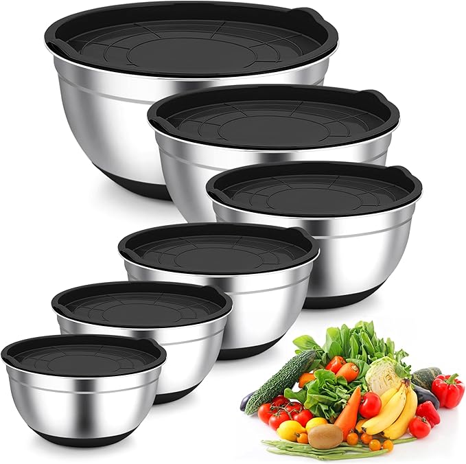 TeamFar Mixing Bowls, Black Mixing Bowls with Lids Set, Stainless Steel Nesting Salad Bowl with Air-tight Lid & Silicone Bottom, Non Slip & Stackable - Set of 6-4.6/2.6/2 / 1.5/1 / 0.7 Qt