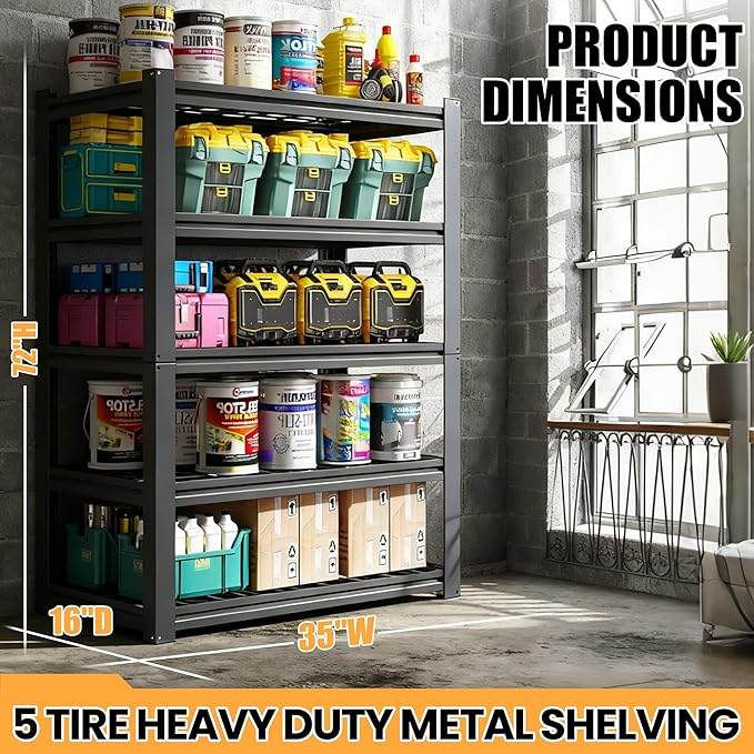 Heavy Duty Garage Shelving, Metal Storage Shelves, 5 Tier Adjustable Storage Shelves, Metel Shelving, Industrial Utility Rack for Garage, Warehouse, Workshop, 72" H×35" W×16" D