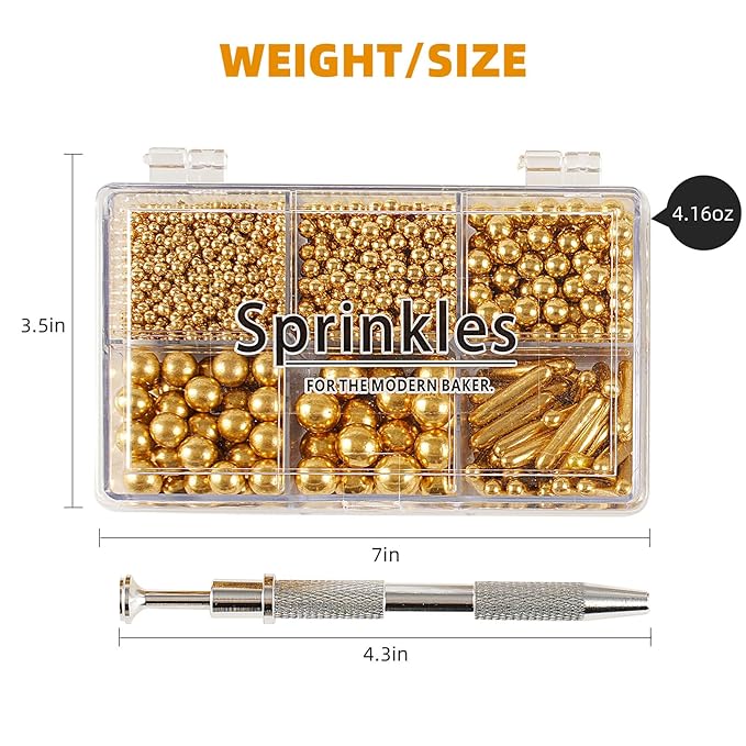 Kasvan Gold Mix Sugar Sprinkles - Edible Candy Pearls with 4-Claw Sprinkle Pen,118g/4.16 Oz, Gift Box Pack, Baking Cake Decorations, Ice Cream Toppings and Cookie Decorating, Wedding Party Chirstmas Supplies