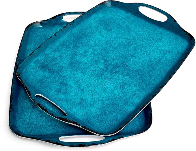 TP Serving Trays with Handles, 19 Inch Large Rectangular Melamine Serving Platter Set of 2, Retro Teal
