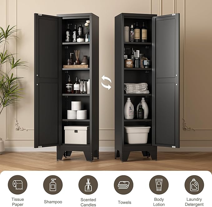 67" Tall Narrow Bathroom Metal Storage Cabinet with 4 Adjustable Shelves, Freestanding 5 Tier Slim Pantry Storage Cabinet for Small Space, Black