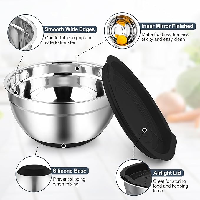 TeamFar Mixing Bowls, Black Mixing Bowls with Lids Set, Stainless Steel Nesting Salad Bowl with Air-tight Lid & Silicone Bottom, Non Slip & Stackable - Set of 6-4.6/2.6/2 / 1.5/1 / 0.7 Qt