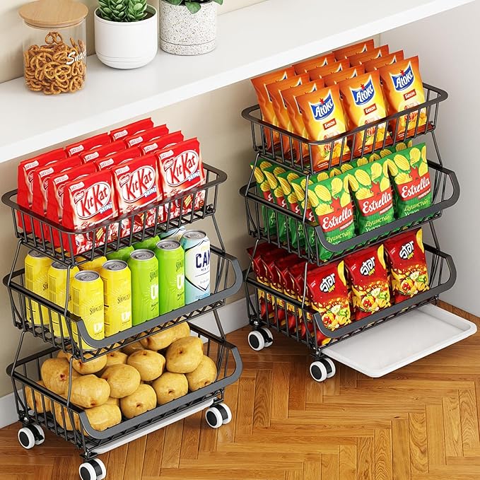Miyawell 3-Tier Rolling Pantry Cart with Wheels, Stackable Wire Storage Floor Organizer for Kitchen Pantry Snack Shelves, Fruit Basket Stand, Vegetable Storage Rack for Food Snacks Onion Potato