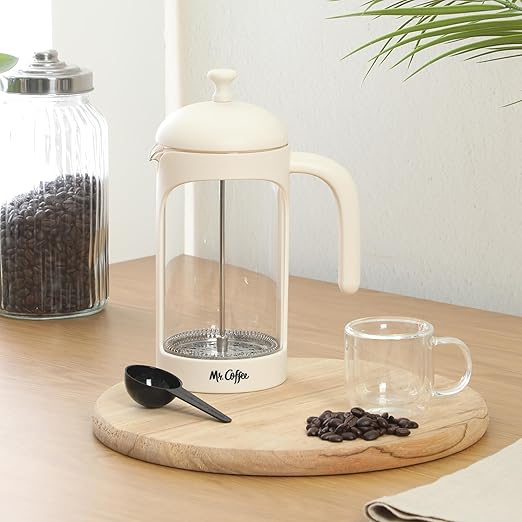 Mr. Coffee Retro Brew French Press Coffee Maker, 31-Ounce Glass Carafe with High Heat Resistant Durable Borasilicate Glass & Cream Frame and Plunger, Includes Coffee Scoop