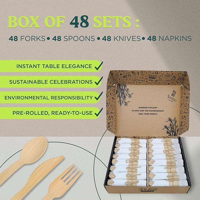 KOELHO'S Pre-Rolled Bamboo Cutlery Set 48-Pack 192 PCS | Bamboo Disposable Utensils 100% Biodegradable and Eco-Friendly | Wood Cutlery Set for Parties, Weddings, and Events