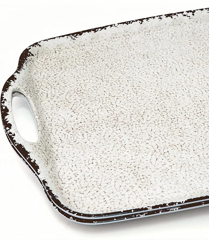 TP Serving Trays with Handles, 19 Inche Large Rectangular Melamine Serving Platter Set of 2, Rustic White
