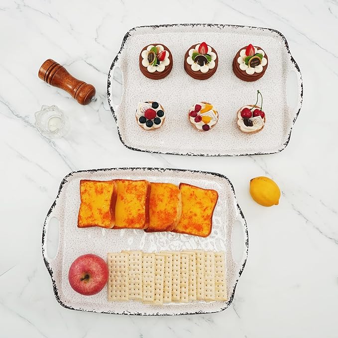 TP Serving Trays with Handles, 19 Inche Large Rectangular Melamine Serving Platter Set of 2, Rustic White