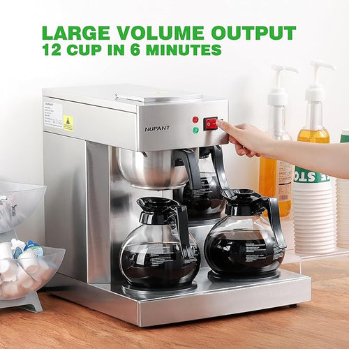 12 Cup Commercial Coffee Maker, Manual Filling Drip Coffee Maker Machine with 3 Glass Carafes 3 Warmers, Stainless Steel Pour Over Coffee Brewer with Hot Water Supply for Restaurant Office Cafe