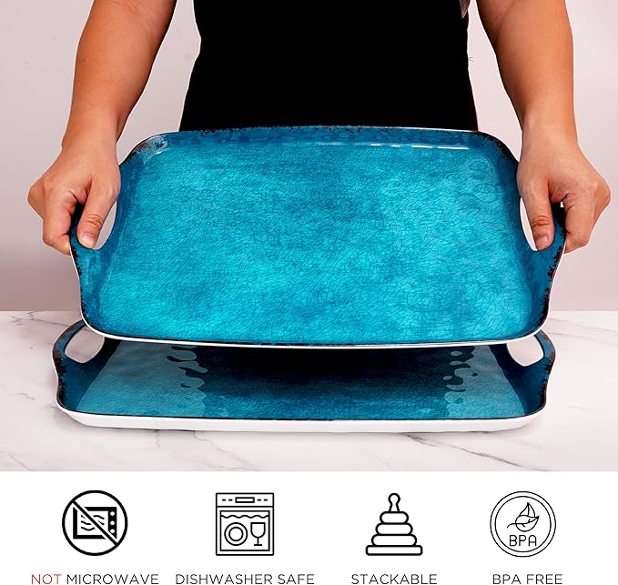 TP Serving Trays with Handles, 19 Inch Large Rectangular Melamine Serving Platter Set of 2, Retro Teal