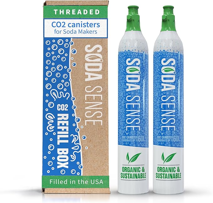 Soda Sense 60L CO2 Exchange Canister - 2 Pack, Threaded Style - Compatible with All 'Screw-In' Soda/Sparkling Water Makers, Including SodaStream BLUE Cylinder Models, Ninja Thirsti, Philips & More
