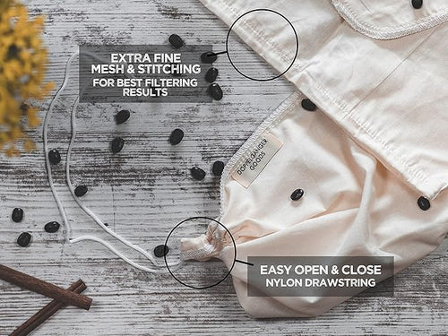 (2-Pack, Large 12in x 12in) Organic Cotton Cold Brew Coffee Bag - Designed in California - Reusable Coffee Filter with EasyOpen Drawstring Cold Brew Maker for Pitchers, Mason Jars, & Toddy Systems