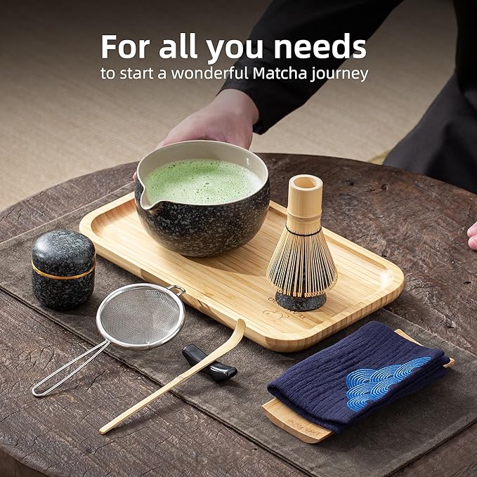TEANAGOO Matcha Whisk Set,10 Pcs Complete Set Black,Matcha Kit for Ceremony,Matcha Tea Set with Tray,Matcha Whisk Set and Ceramic Bowl with Scoop&Sifter&Powder Jar,Gift for Matcha Lover