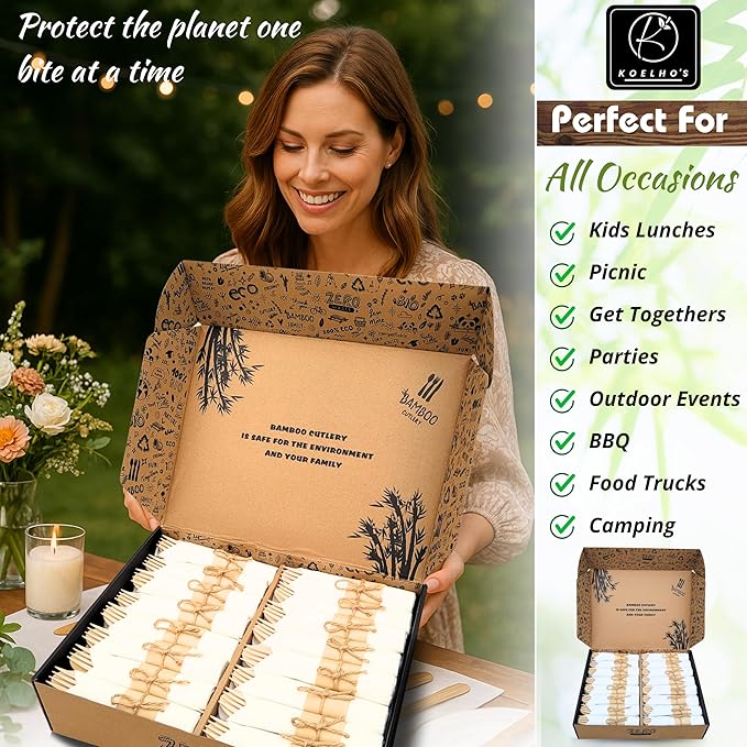 KOELHO'S Pre-Rolled Bamboo Cutlery Set 48-Pack 192 PCS | Bamboo Disposable Utensils 100% Biodegradable and Eco-Friendly | Wood Cutlery Set for Parties, Weddings, and Events