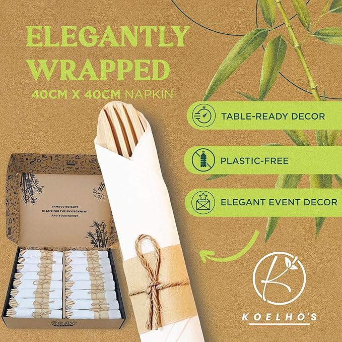 KOELHO'S Pre-Rolled Bamboo Cutlery Set 48-Pack 192 PCS | Bamboo Disposable Utensils 100% Biodegradable and Eco-Friendly | Wood Cutlery Set for Parties, Weddings, and Events