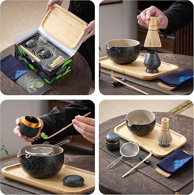 TEANAGOO Matcha Whisk Set,10 Pcs Complete Set Black,Matcha Kit for Ceremony,Matcha Tea Set with Tray,Matcha Whisk Set and Ceramic Bowl with Scoop&Sifter&Powder Jar,Gift for Matcha Lover