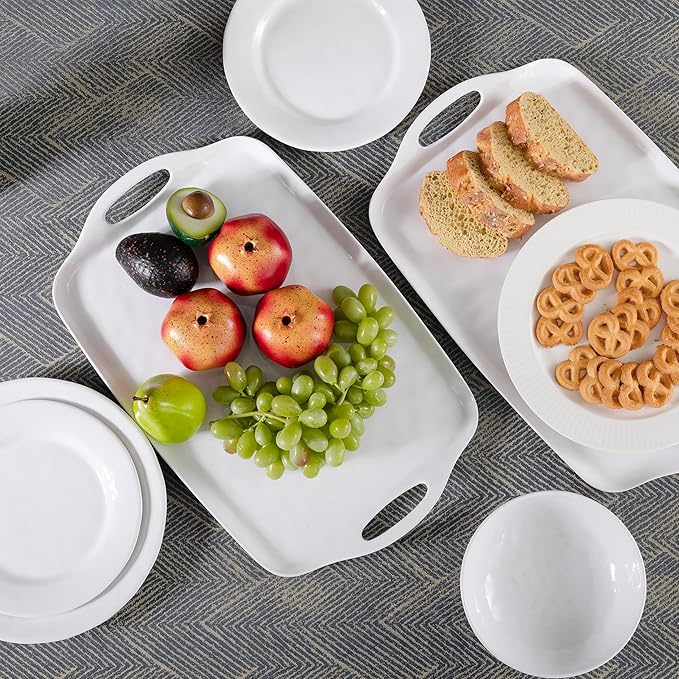Large Serving Tray with Handles,19”x12” Large Rectangular Melamine Serving Platters Set of 2, Kitchen Food and BBQ ServingTray,Dishwasher Safe, Bright White